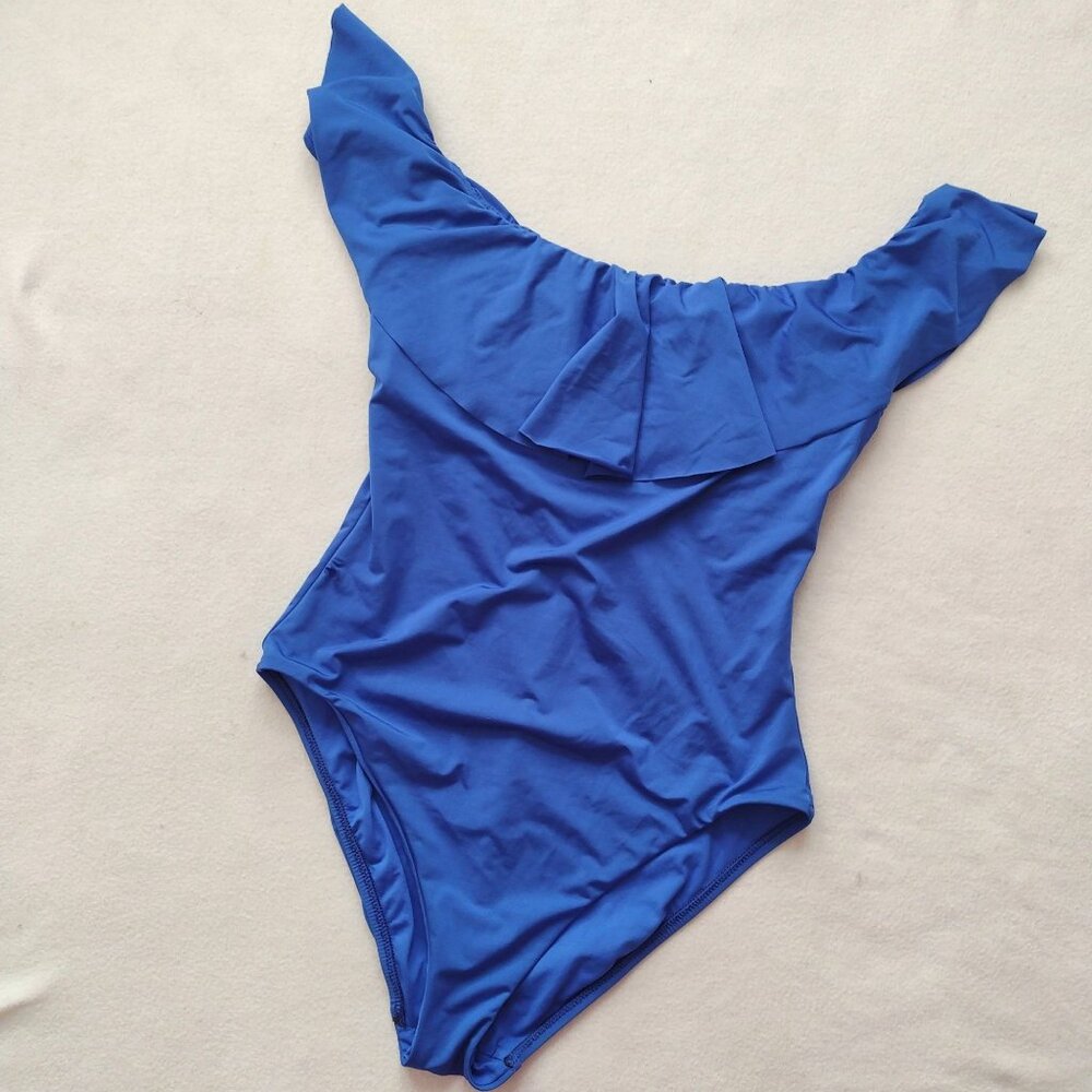 Trina Turk Blue Ruffle Swimsuit 12 Off-The-Shoulder Fully Lined One-Piece - Picture 10 of 10